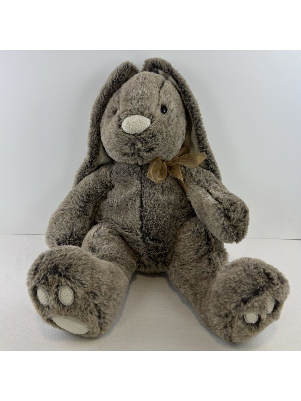 Large Plush Brown Long-Eared Bunny Stuffed 19" Animal With Bow Soft Rabbit